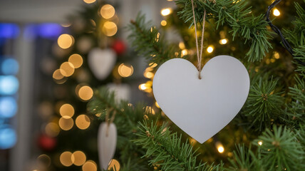 White heart paper hanging on Christmas tree with bokeh background