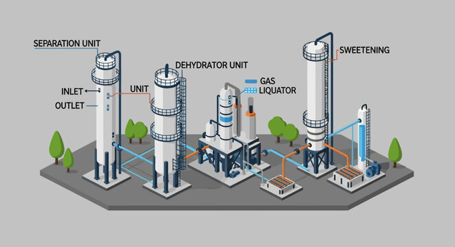 Industrial Gas Processing Plant with Separation and Dehydration Units.