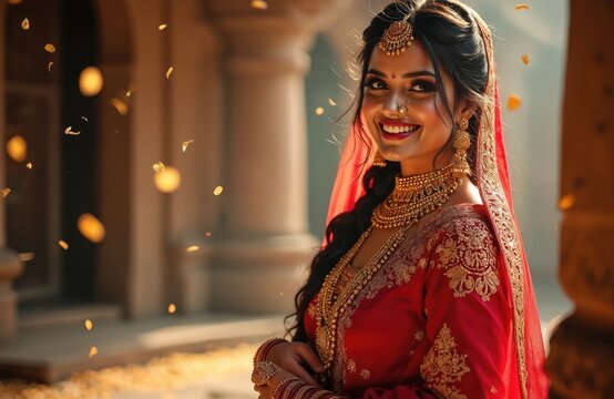 Smiling indian woman in traditional red saree, golden jewelry. Bride poses. Female wears elegant dress at south asian hindu wedding. Gold petals falling on lady in sunlight. She shows confidence.