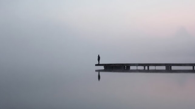 Silhouette Of A Person Standing On A Foggy Pier At Dawn. Reflective Solitude And Tranquility