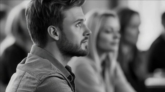 A man and a woman sitting close, looking at something with concentration, while others look on attentively.