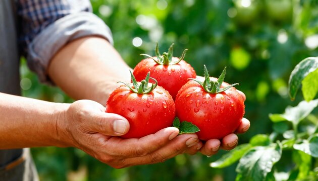 A farmer holding fresh ripe red tomatoes covered in water droplets. Man harvesting organic vegetables in a garden. Agriculture and healthy food concept