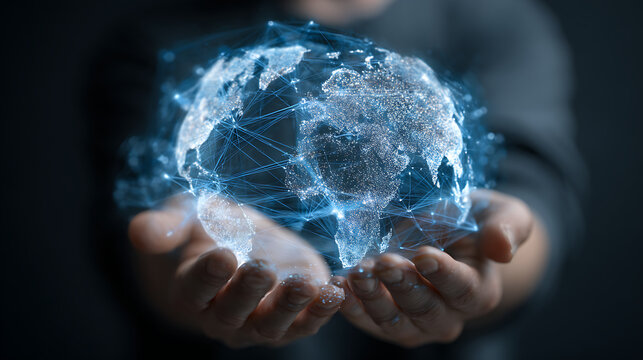 Hands cradling glowing digital earth network holding globe