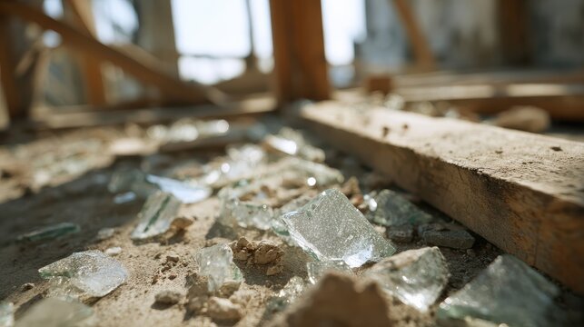 Shattered Glass And Debris On A Construction Site Floor. Symbol Of Destruction And Rebuilding