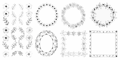 Floral sketch frames and elements in black and white vector set