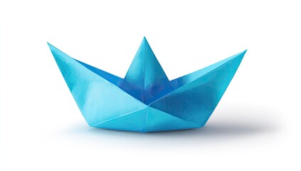 Blue paper origami boat on white background