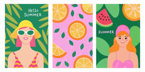 Colorful summer themed illustrations with women oranges and watermelon