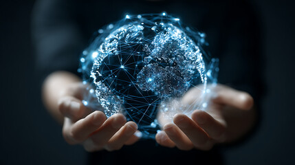 Hands cradling glowing digital earth network holding globe