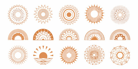 Collection of boho sun and rainbow graphic elements in brown tones