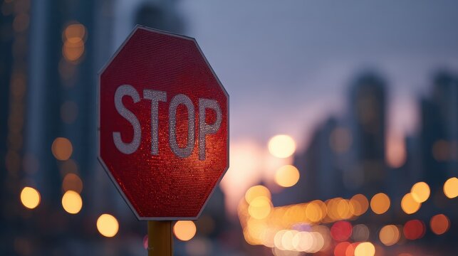 Stop Sign With Urban Bokeh Background At Dusk. Symbol Of Caution And Urban Life
