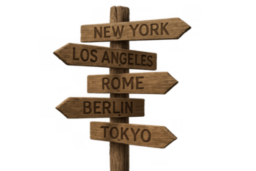 Wooden signpost pointing to new york, los angeles, rome, berlin, tokyo, showing travel destination choices
