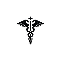 Medical Symbol Black Shape With Two Snakes Isolated On White, Sign For Pharmacy Icon
