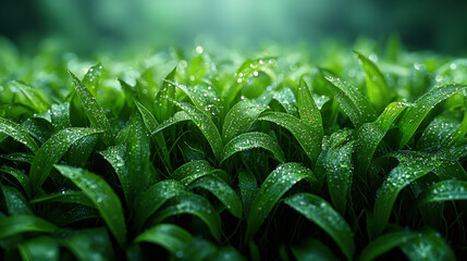 Fresh green fern leaves swaying in the summer garden grass with morning dew drops