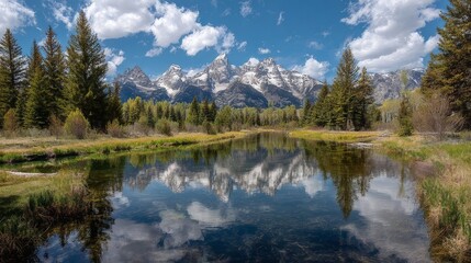 Grand teton mountains reflected in calm alpine lake with dramatic peaks, lush forested valleys, and clear blue sky in scenic wyoming wilderness