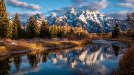 Grand teton mountains reflected in calm alpine lake with dramatic peaks, lush forested valleys, and clear blue sky in scenic wyoming wilderness