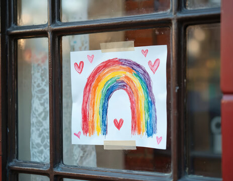 Child colorful rainbow drawing with red hearts taped on window pane. Simple art symbol of hope, gratitude, support for health workers during global pandemic, isolation, lockdown. Thank message.