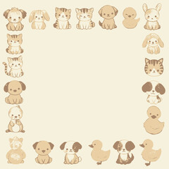 A cute frame border featuring various cartoon animals like puppies, kittens, ducks, and bunnies in soft beige and brown tones.