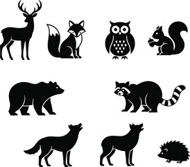 Wild Forest Animal Silhouettes Vector Set,Woodland Animals Clipart: Deer, Fox, Owl, Bear & More,Black Animal Silhouettes Collection for Nature Designs.
