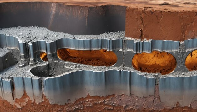 Abstract geological formation with caverns showcasing diverse sedimentary layers and textures