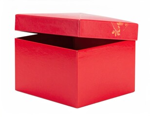 Open red box with tilted lid, isolated on a white backdrop
