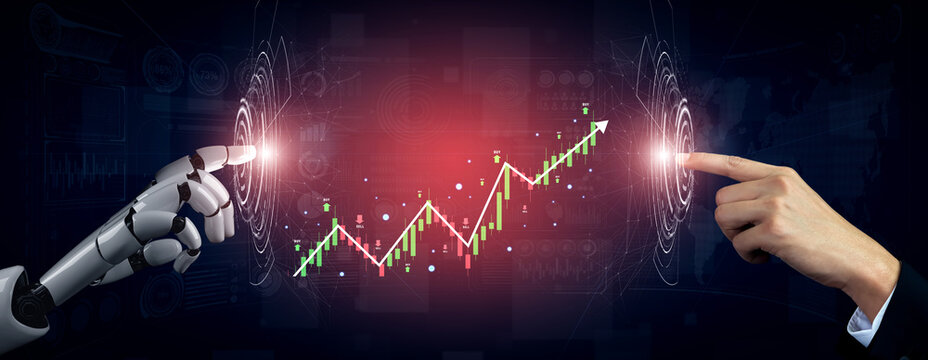 An AI analysis of a stock market candlestick chart showing a bull trend. A concept of AI financial investment with automated trading signals. Motif