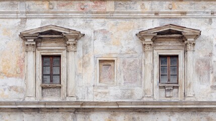 Facade Of Historic Building With Ornate Windows And Weathered Texture. Architectural Elegance And Timeless Charm