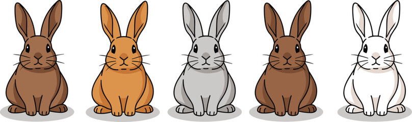 Cartoon rabbits in different fur colors sitting in row, cute animal character illustration for diversity, pet design and children content