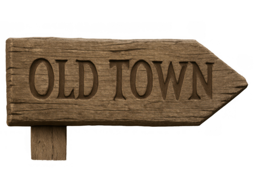 Wooden signpost pointing direction old town, arrow displaying engraved text, rustic wayfinding guiding travelers
