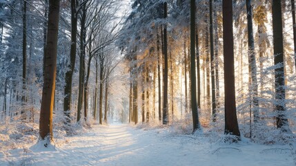 Naklejka premium Snowy Forest Path With Sunlight Filtering Through Trees. Winter Serenity And Natural Beauty