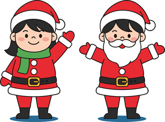 Cartoon Santa characters in festive outfits with waving hands and cheerful expressions — Christmas, holiday, winter, celebration, kids, costume theme