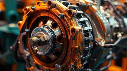 Fototapeta premium Detailed Close Up of an Automotive Engine Component in Gold and Silver Tones Industrial Design Automotive Technology