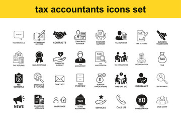 a comprehensive collection of tax accountant icons depicting various financial and legal services with illustrations