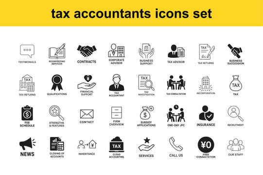 a comprehensive collection of tax accountant icons depicting various financial and legal services with illustrations