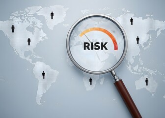 Magnifying glass focusing on risk level gauge with world map background. This concept representing global business risk management strategy assessment and financial analysis.