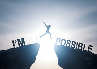Man jump between impossible wording and possible wording on mountain. The concept of mindset for career growth business.