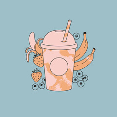 Stylized illustration of a pink smoothie cup surrounded by fresh bananas, strawberries, and blueberries on a light blue background.