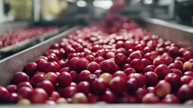 A large quantity of red apples in a factory setting