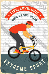 Fototapeta premium Bmx extreme sport club poster, banner, magazine template. Vector. Concept for shirt, logo, print, stamp, tee with man ride on a sport bicycle. Vintage typography design with bmx cyclist silhouette.