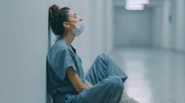 Healthcare Worker In Scrubs Sitting In Hospital Corridor. Reflects Stress And Exhaustion In Medical Profession