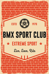 Fototapeta premium Bmx extreme sport club poster, banner, magazine template. Vector. Concept for shirt, logo, print, stamp, tee with frames, chain. Vintage typography design with bmx frames, sprocket silhouette