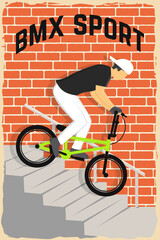Fototapeta premium Bmx extreme sport club poster, banner, magazine template. Vector. Concept for shirt, logo, print, stamp, tee with man ride on a sport bicycle. Vintage typography design with bmx cyclist silhouette.