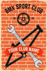 Fototapeta premium Bmx extreme sport club poster, banner, magazine template. Vector. Concept for shirt, logo, print, stamp, tee with frames, chain. Vintage typography design with bmx frames, sprocket silhouette.