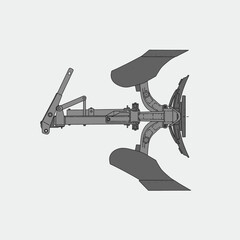 Top-down view of a two-furrow reversible plow, an agricultural implement used for tilling soil.