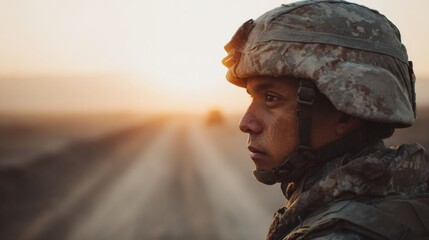 Soldier In Camouflage Gear Gazing Into The Distance At Sunset. Reflecting On Duty And Resilience