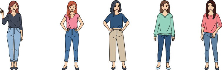 Fototapeta premium Cartoon women characters in casual fashion outfits standing side by side, diverse hairstyles and clothing styles for lifestyle illustration design