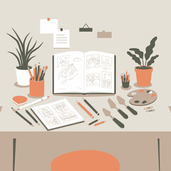 A neatly organized artist's workspace featuring open sketchbooks, various drawing tools, a paint palette, and potted plants on a desk, ready for creative expression.