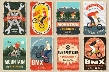 Fototapeta premium Bmx extreme sport club and Mountain biking retro poster, banner, magazine template. Vector illustration. Concept for shirt, logo, print, stamp, tee with man ride on a sport bicycle. Vintage typography