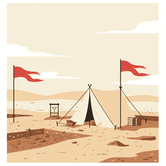 A desert excavation site with a tent, red flags, and digging tools under a vast sky.