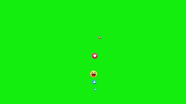 Social Media Live Style Emoji With Green Screen Chroma Key 4k Loop Video. Live Streaming Style Particales Icon. Emojis Of Heart Likes Heart Eyes Flying Moveing Animation Up Direction Alpha Chenel.