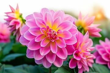 Fototapeta premium Pink Dahlia Blooms in Sunlight Close-up Captivating Floral Beauty Garden Freshness Botanical Detail Macro Shot